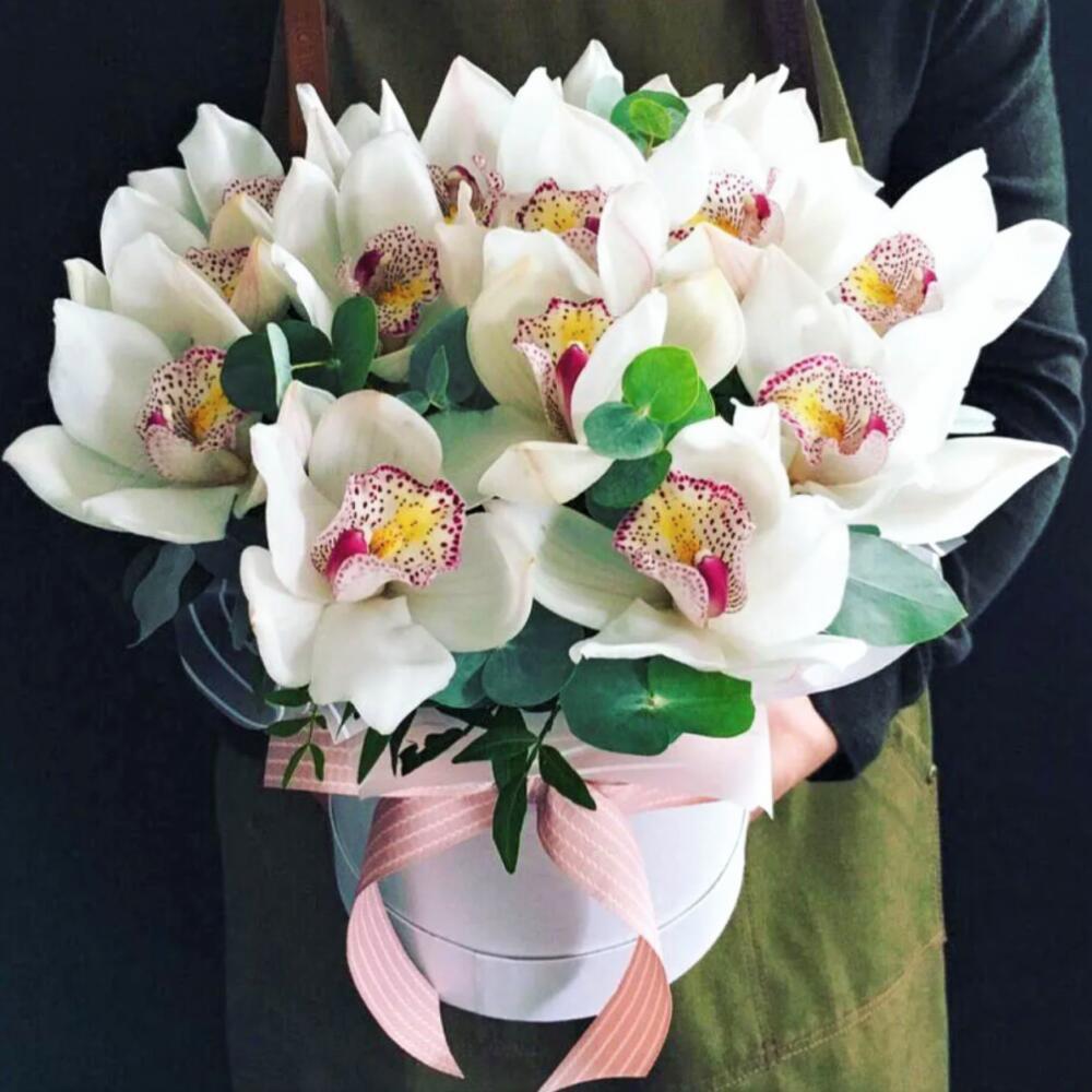 Шляпная коробка из 11 белых орхидей Шляпная коробка из 11 белых орхидей